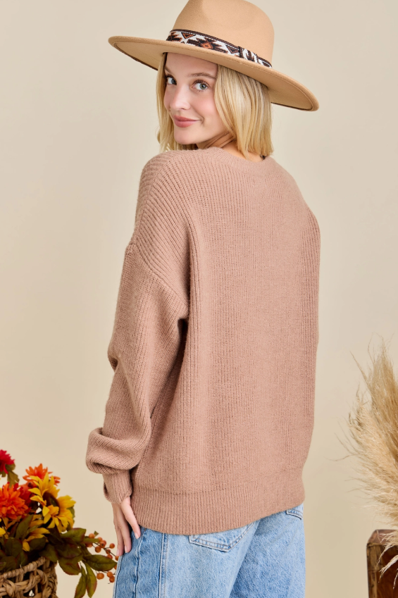 Dusty Brown Thankful Pumpkin 3D Embroidered Sweater
