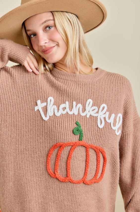 Dusty Brown Thankful Pumpkin 3D Embroidered Sweater