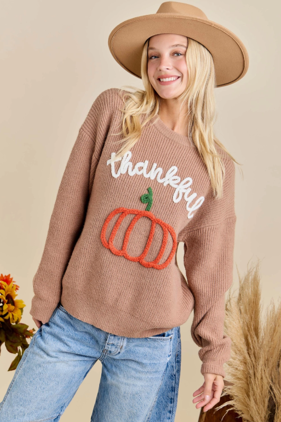 Dusty Brown Thankful Pumpkin 3D Embroidered Sweater