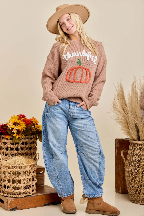 Dusty Brown Thankful Pumpkin 3D Embroidered Sweater