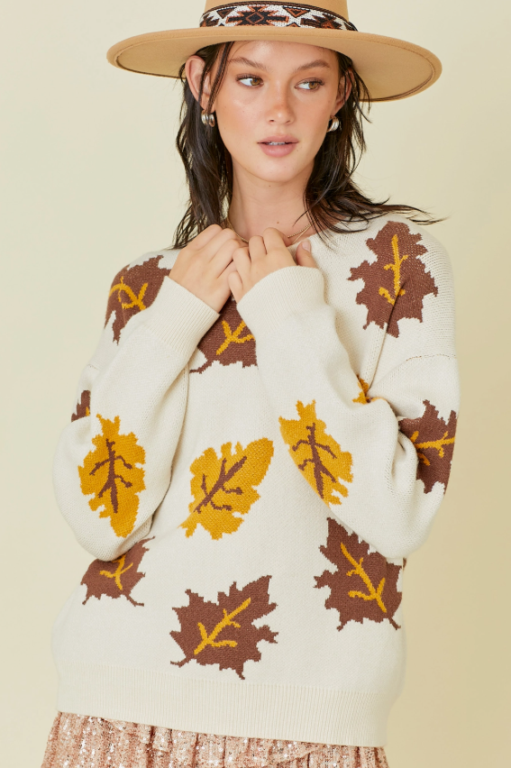 Natural Fall Leaves Jacquard Sweater Knit Top