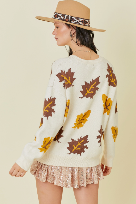 Natural Fall Leaves Jacquard Sweater Knit Top