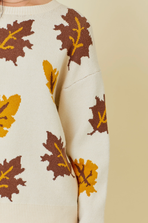 Natural Fall Leaves Jacquard Sweater Knit Top