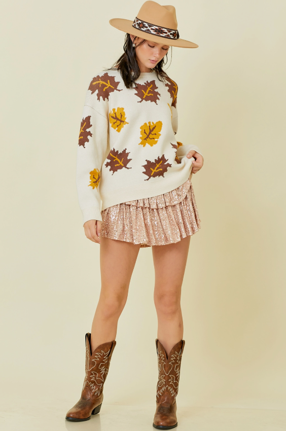 Natural Fall Leaves Jacquard Sweater Knit Top