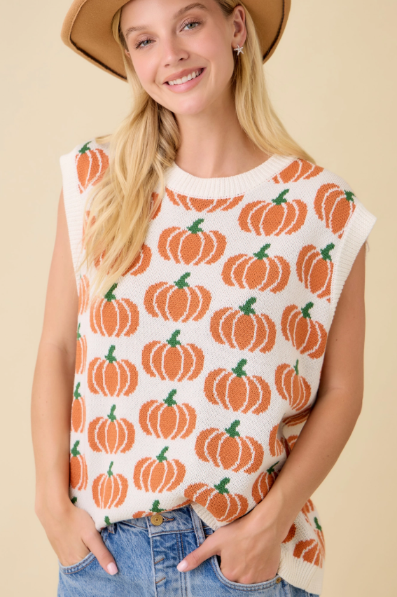 Ivory Pumpkin Print Sleeveless Sweater Knit Top
