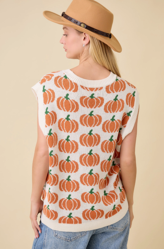 Ivory Pumpkin Print Sleeveless Sweater Knit Top