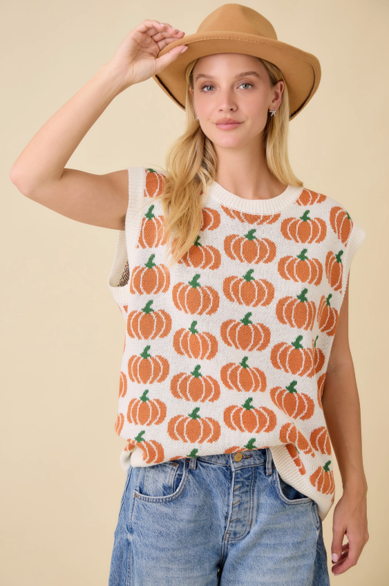 Ivory Pumpkin Print Sleeveless Sweater Knit Top