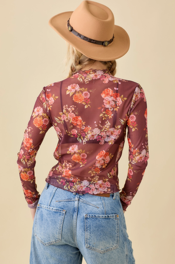 Brown Floral Printed Long Sleeve Mesh Top