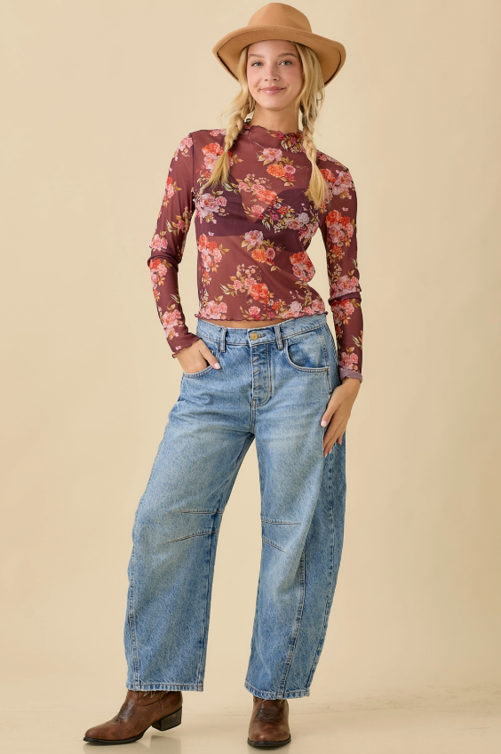 Brown Floral Printed Long Sleeve Mesh Top