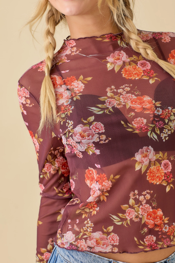 Brown Floral Printed Long Sleeve Mesh Top
