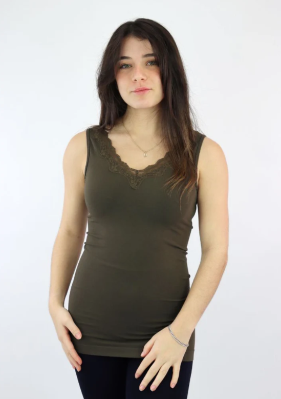 Lace Trim V-Neck Tank - 17 Color Options