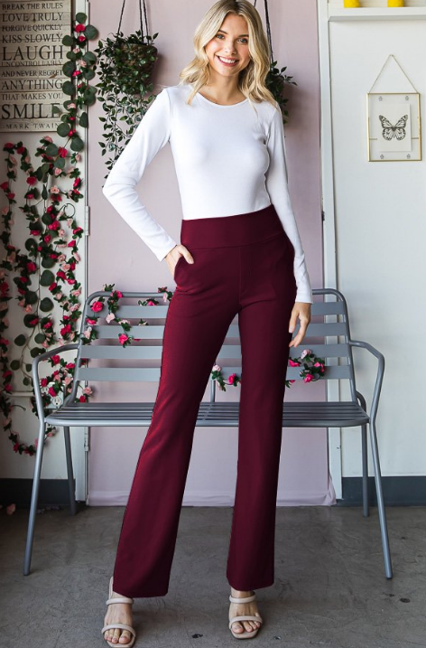 Wine Solid Flare Pants