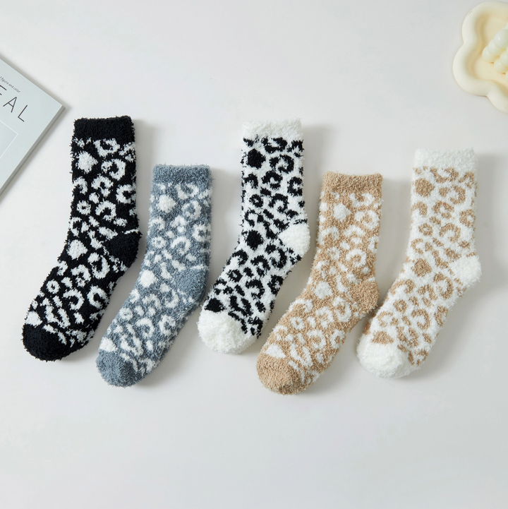 Leopard Two Tone Fuzzy Socks - 5 Color Options