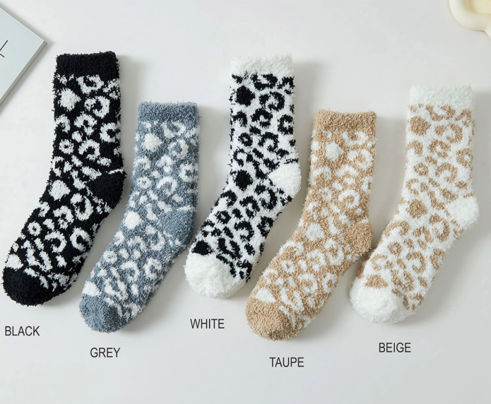 Leopard Two Tone Fuzzy Socks - 5 Color Options
