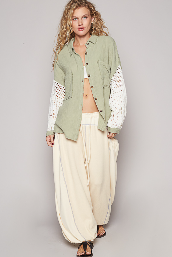 POL Pre-Order: Oversized Button-Up w/Sweater Sleeve Detail - 3 Color Options