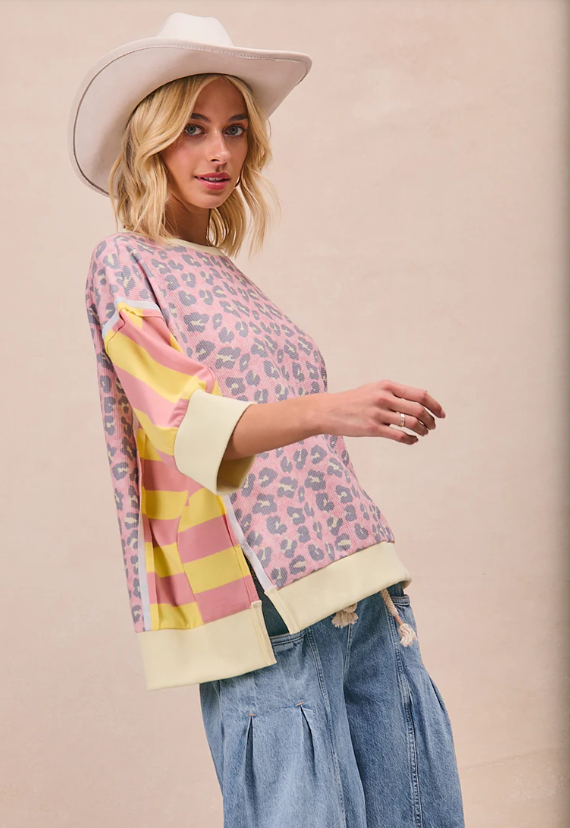 Oversized Animal Print and Stripes Top