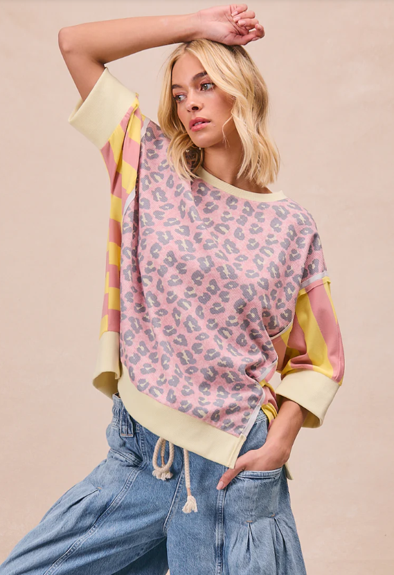 Oversized Animal Print and Stripes Top