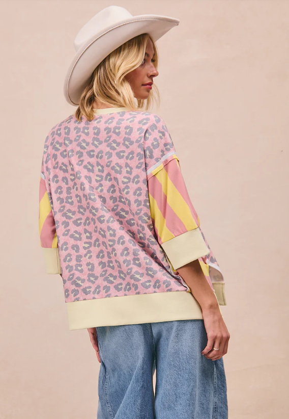 Oversized Animal Print and Stripes Top