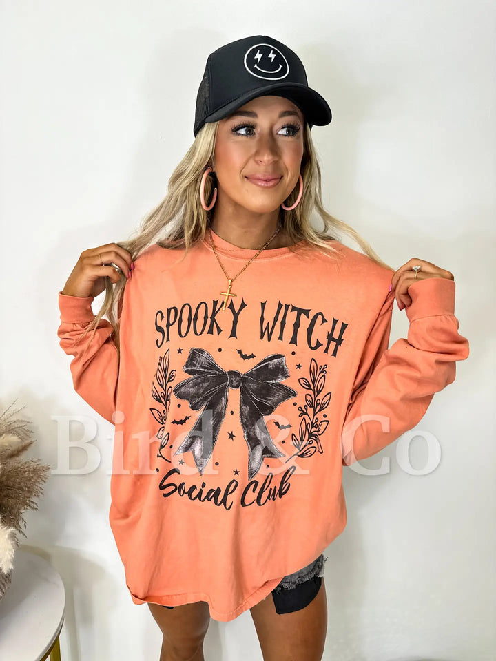 Terracotta Spooky Witch Social Club Long Sleeve Graphic Tee - Medium Through Extended Sizes