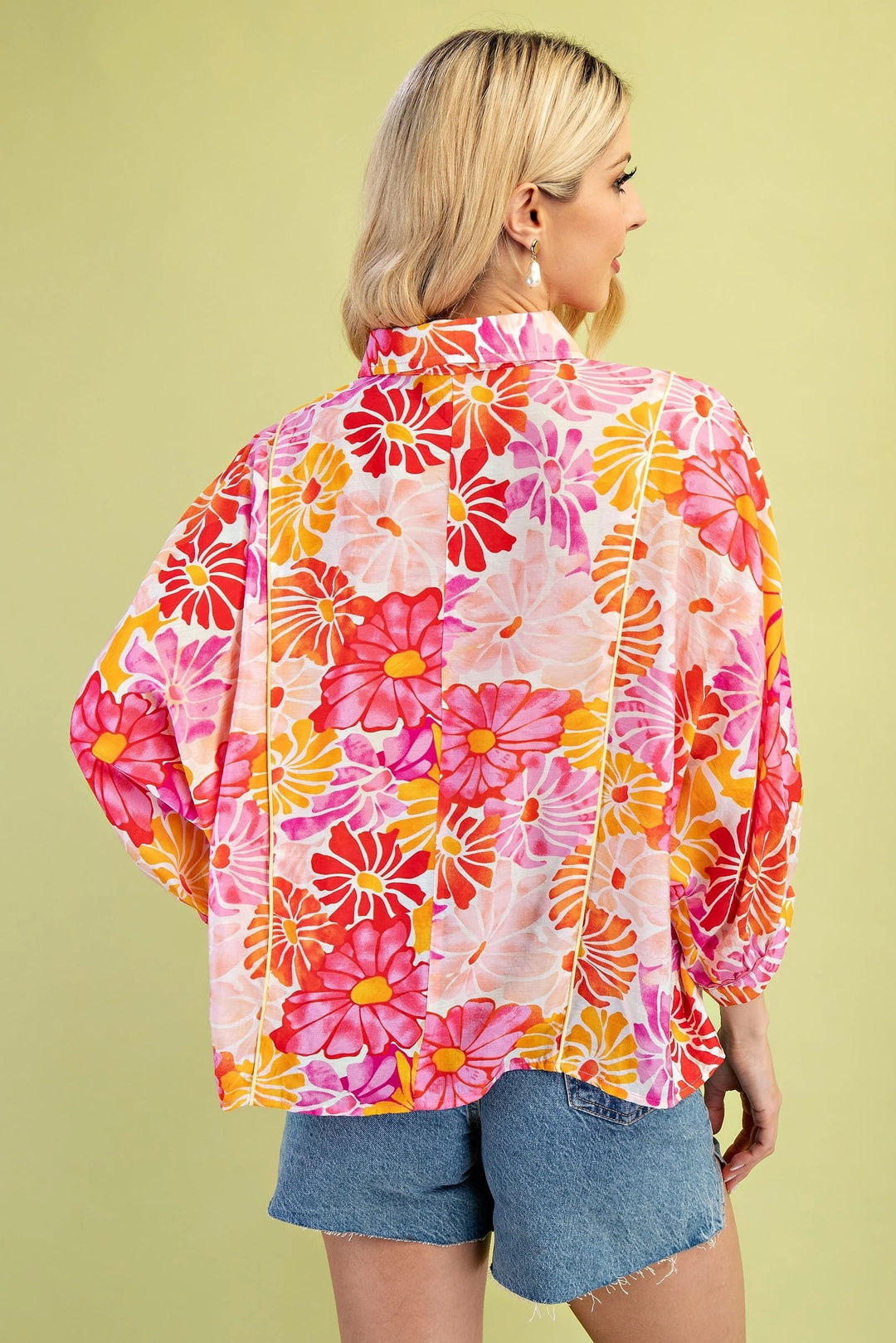 Fuchsia/Orange Floral Print Button Down Top