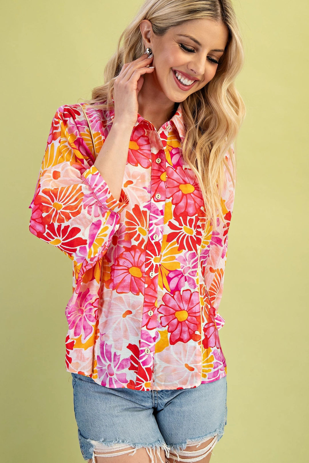 Fuchsia/Orange Floral Print Button Down Top