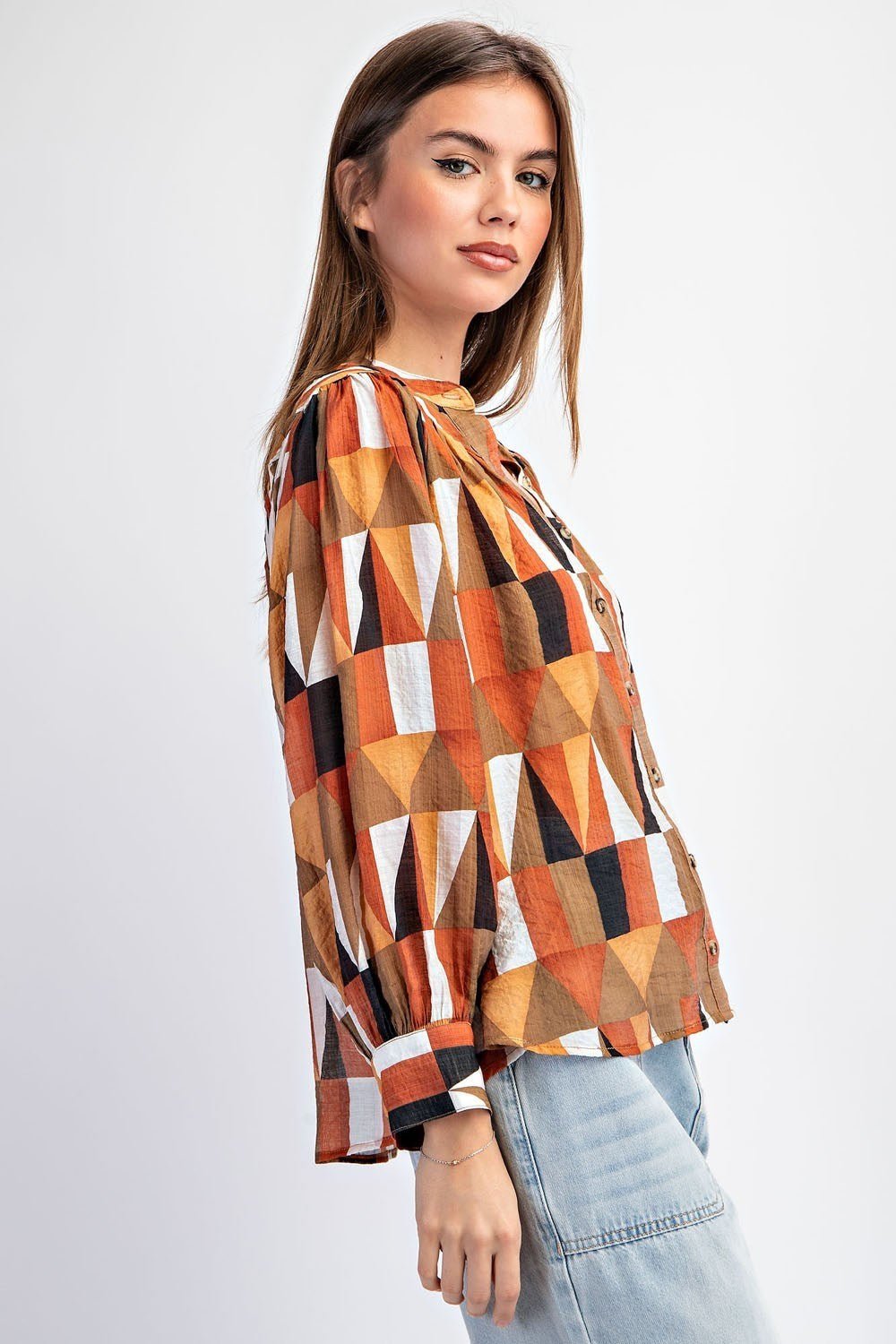 Hazel Nut Geometric Printed Long Sleeve Blouse - Final Sale