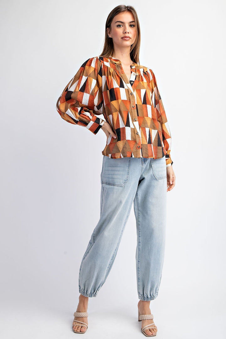 Hazel Nut Geometric Printed Long Sleeve Blouse - Final Sale