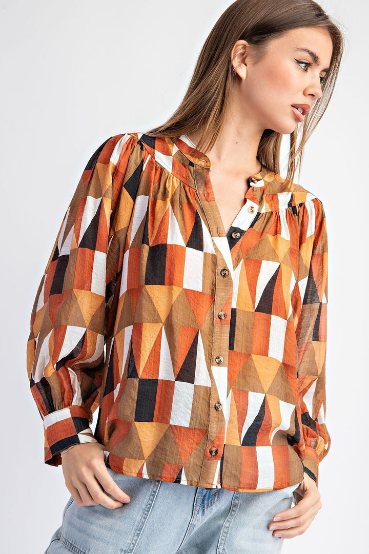 Hazel Nut Geometric Printed Long Sleeve Blouse - Final Sale