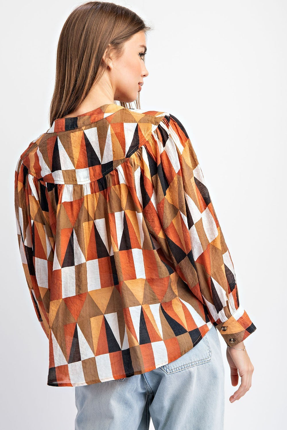 Hazel Nut Geometric Printed Long Sleeve Blouse - Final Sale