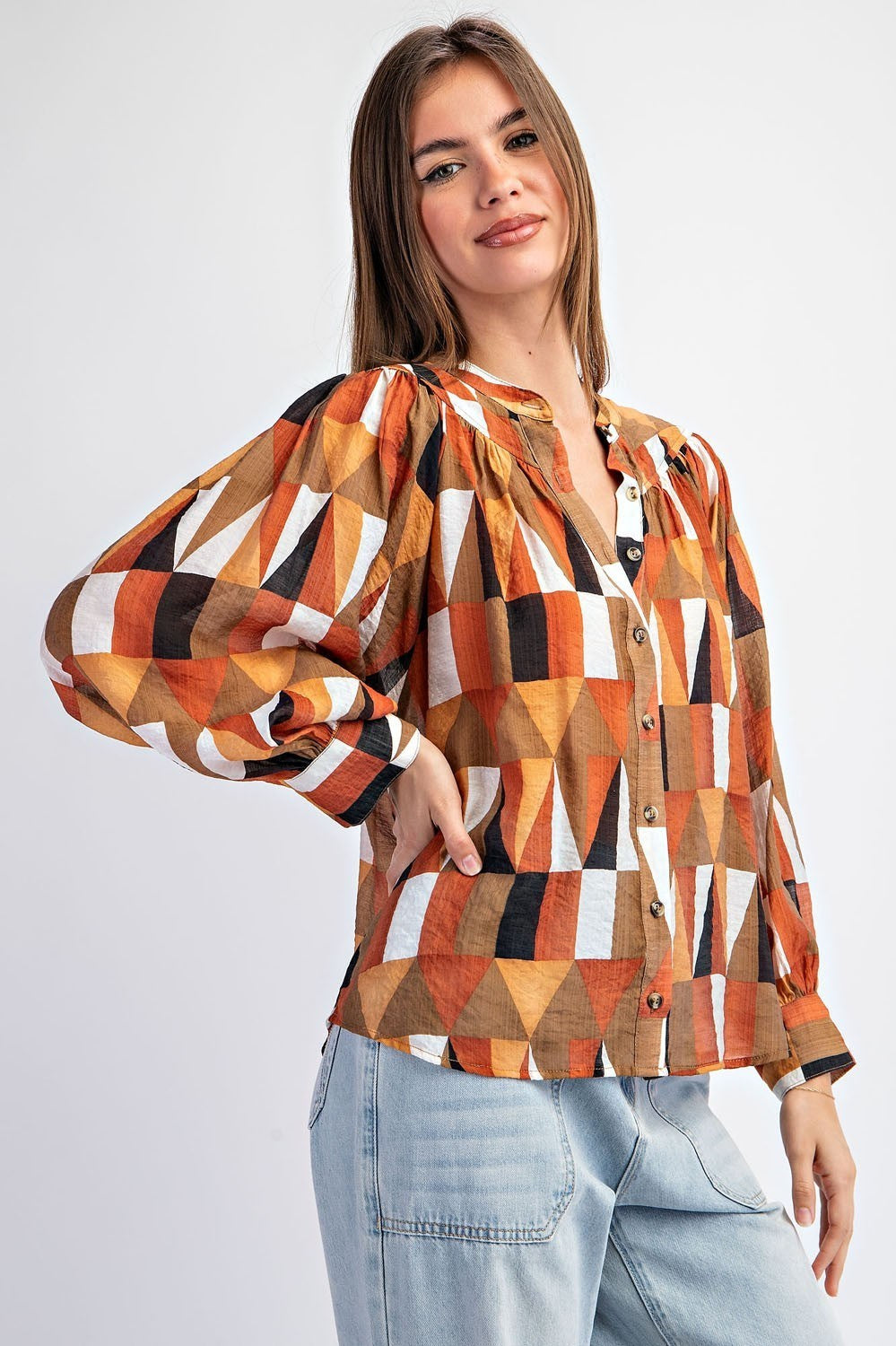 Hazel Nut Geometric Printed Long Sleeve Blouse - Final Sale