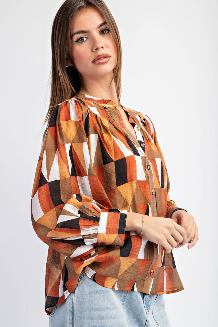 Hazel Nut Geometric Printed Long Sleeve Blouse - Final Sale