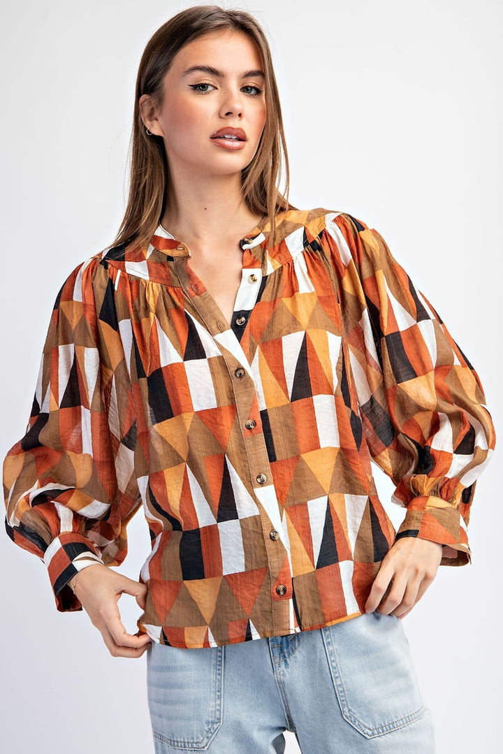 Hazel Nut Geometric Printed Long Sleeve Blouse - Final Sale