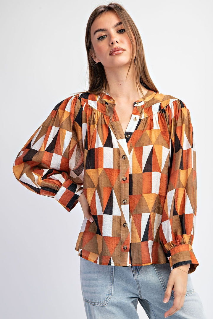 Hazel Nut Geometric Printed Long Sleeve Blouse - Final Sale