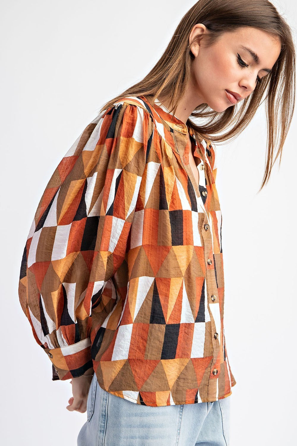 Hazel Nut Geometric Printed Long Sleeve Blouse - Final Sale