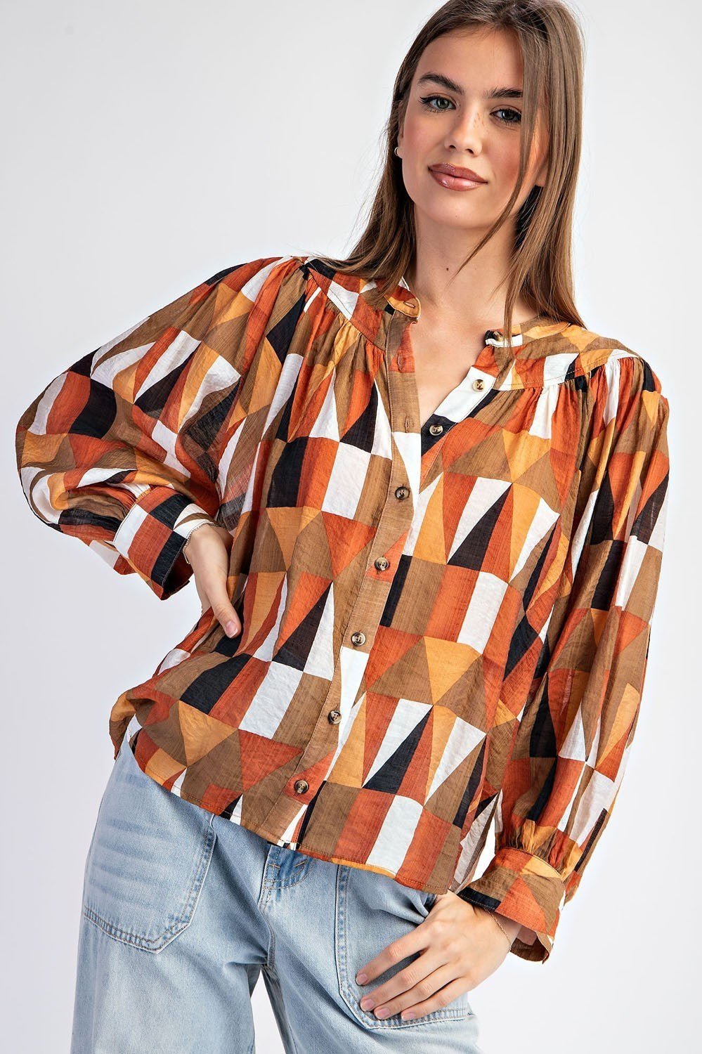 Hazel Nut Geometric Printed Long Sleeve Blouse - Final Sale