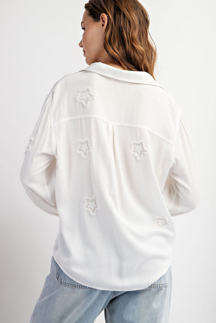 Off White Frayed Star Long Sleeve Top