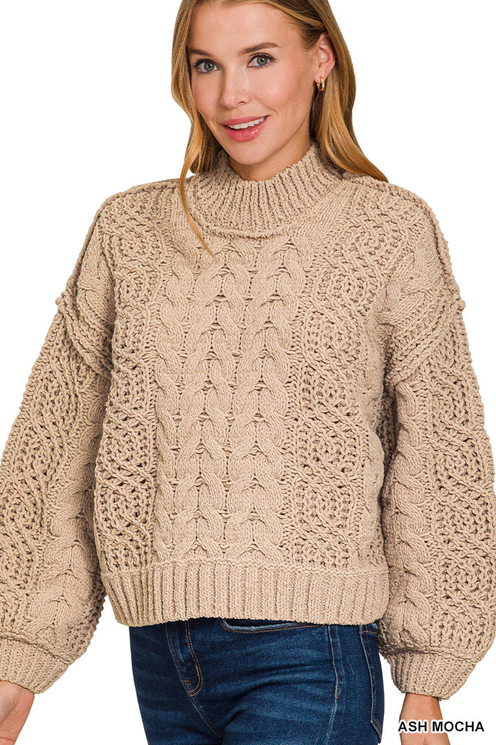 Ash Mocha Cable Knit Sweater w/Balloon Sleeve