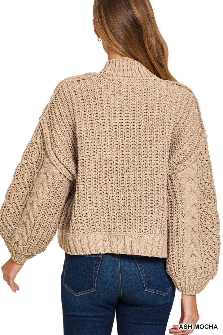 Ash Mocha Cable Knit Sweater w/Balloon Sleeve