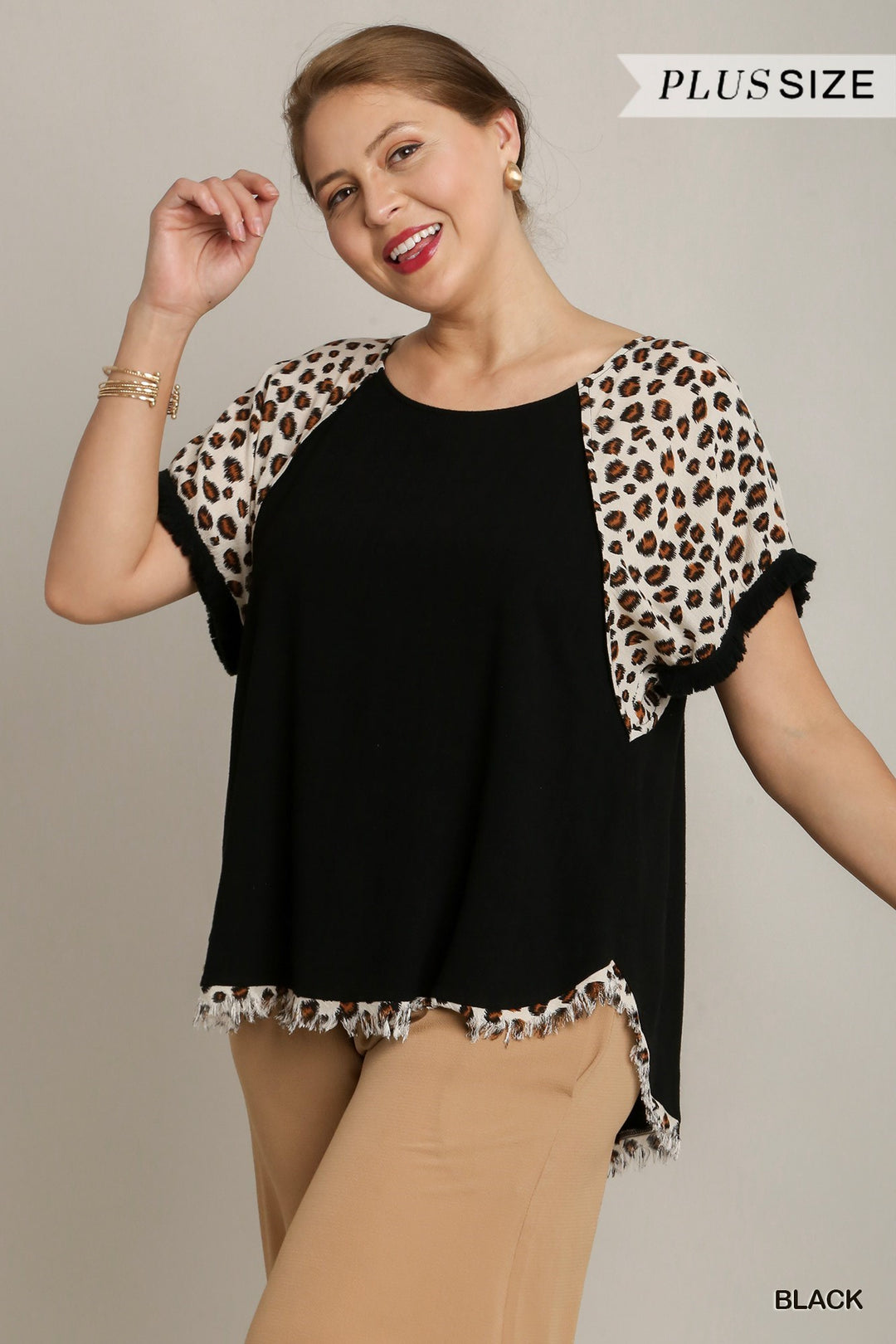 Black Animal Print Short Sleeve Top with Frayed High Low Hem - Available Small Through Extended Sizes
