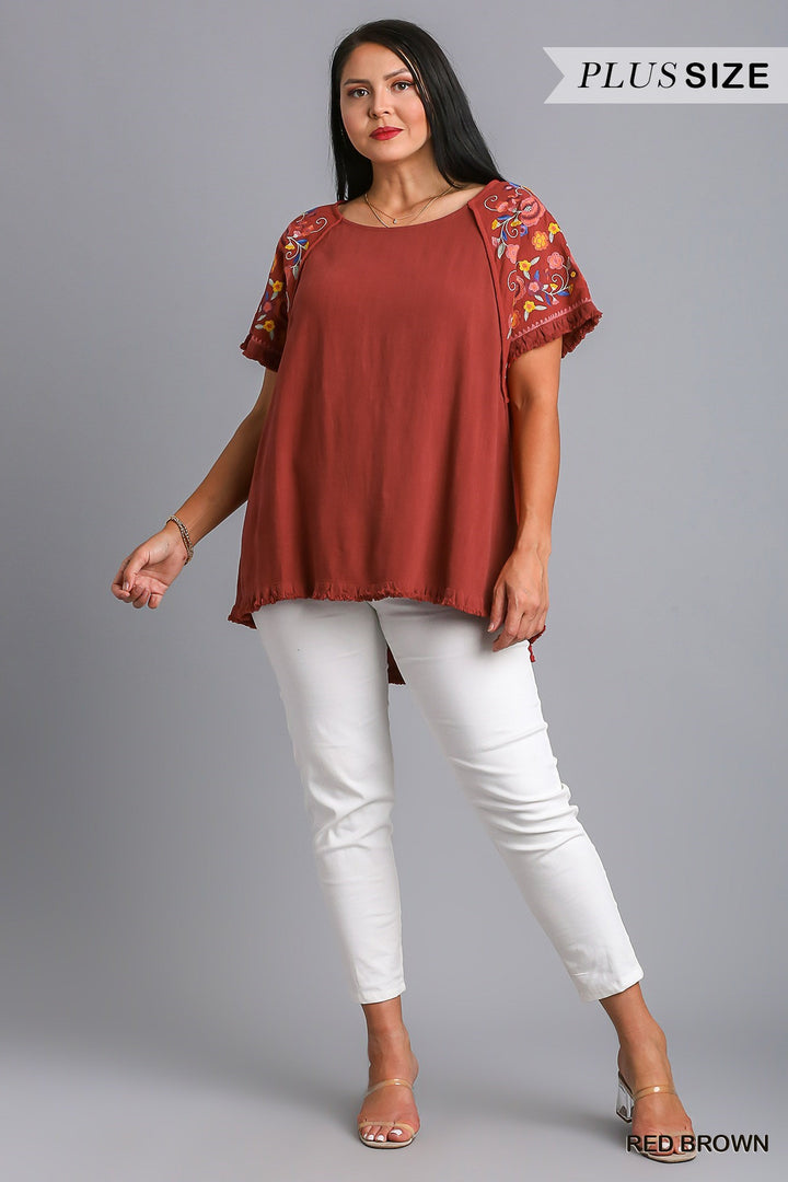 Embroidery Round Neck Short Sleeve Linen Top with Frayed Ruffle Trim - 2 Color Options - Small Through Extended Sizes