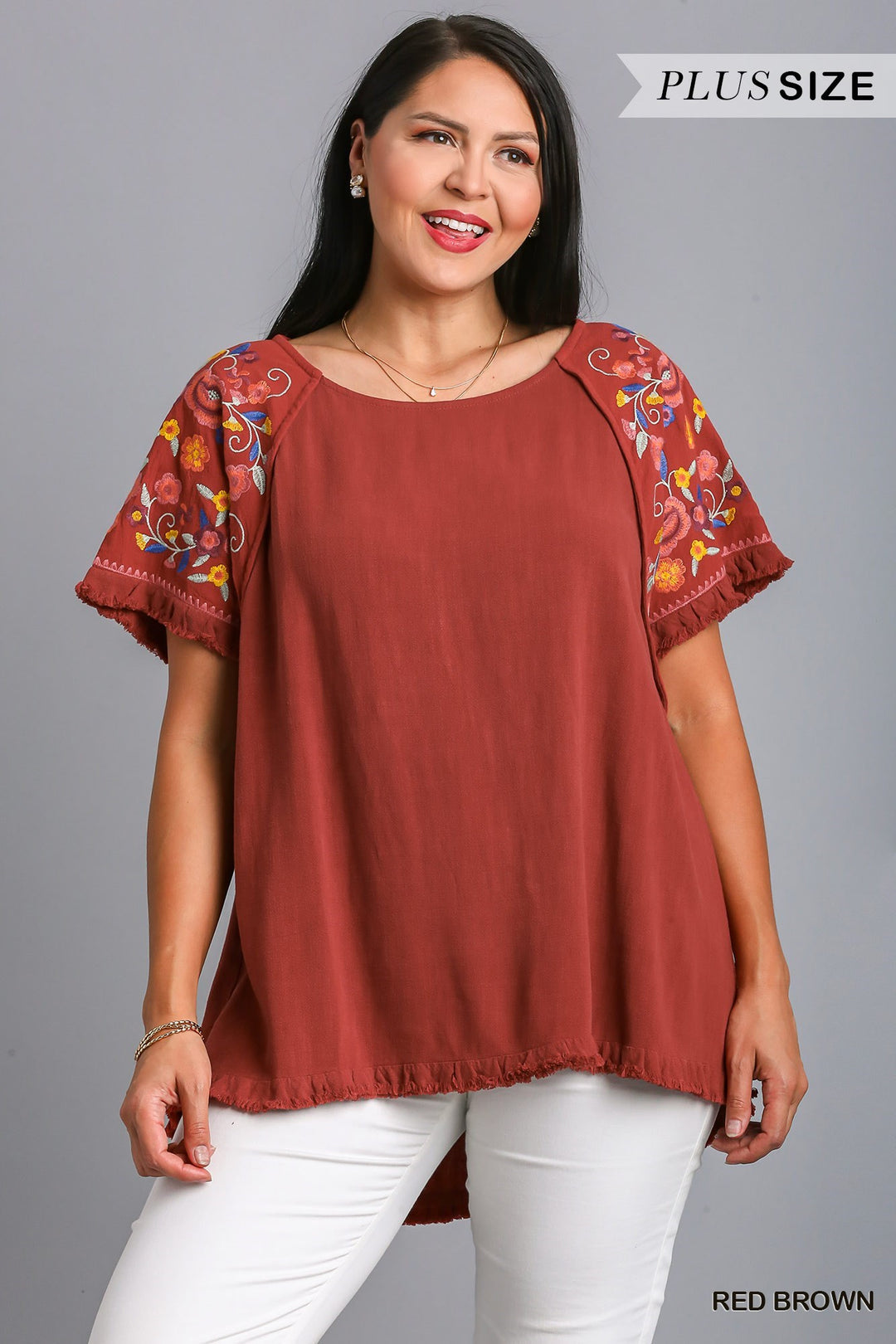 Embroidery Round Neck Short Sleeve Linen Top with Frayed Ruffle Trim - 2 Color Options - Small Through Extended Sizes