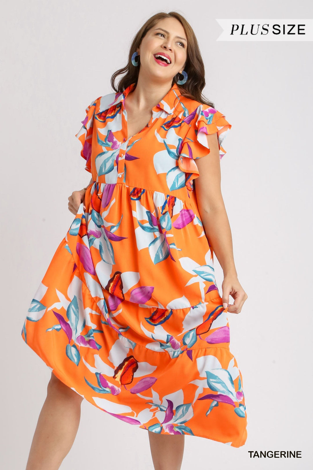 Tangerine Floral Print A-Line Collared Midi Dress with Double Layered Ruffle Sleeves - Available Small Through Extended Sizes