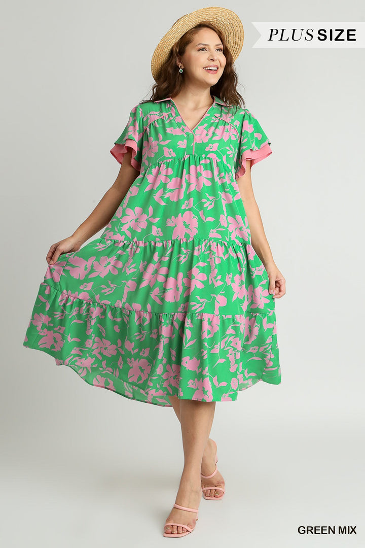 Green Mix Two Tone A-Line Collared Tiered Midi Dress with Short Layered Sleeves - Available Small Through Extended Sizes