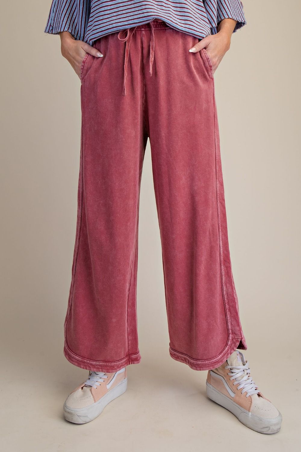 Mineral Wash Terry Knit Pants-Wine