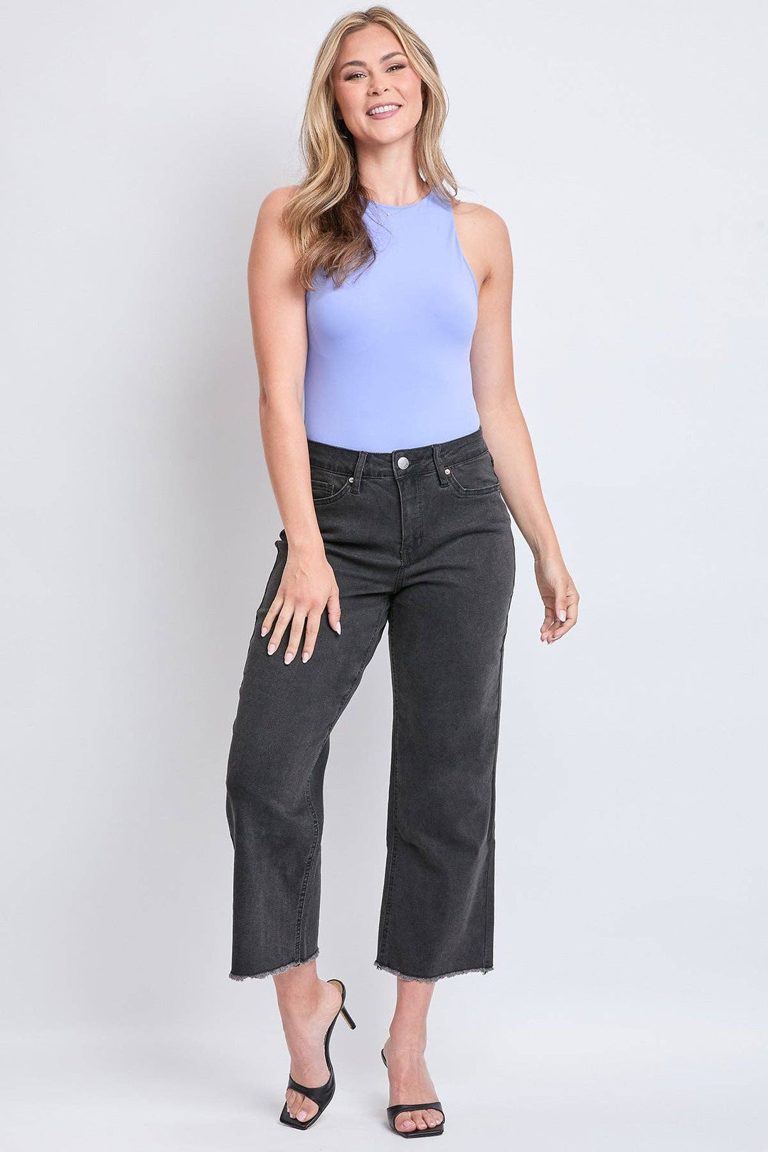 Black High Rise Wide Leg Crop Raw Hem Jean