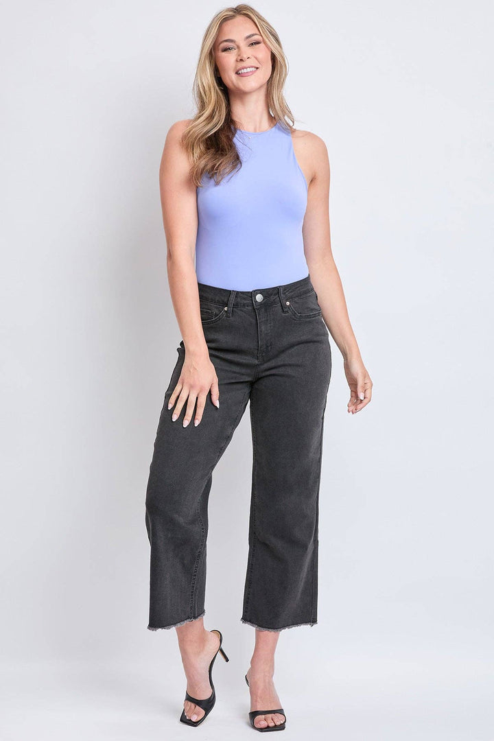 Black High Rise Wide Leg Crop Raw Hem Jean
