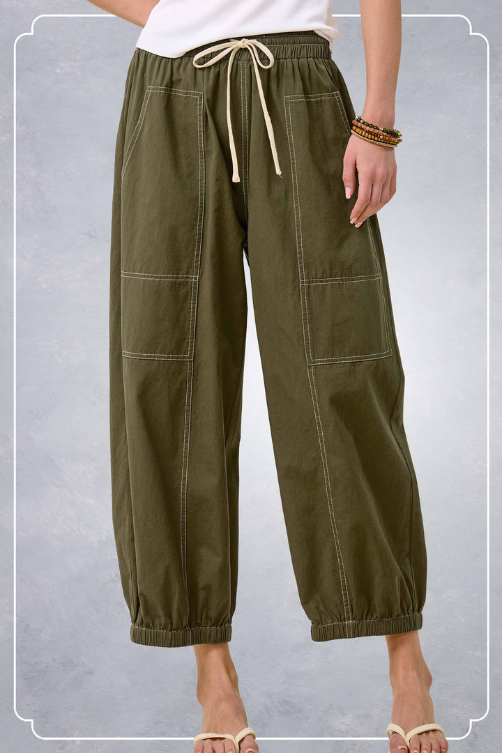 HDP4240-Cropped Barrel Leg Balloon Pants Contrast Sew Fall