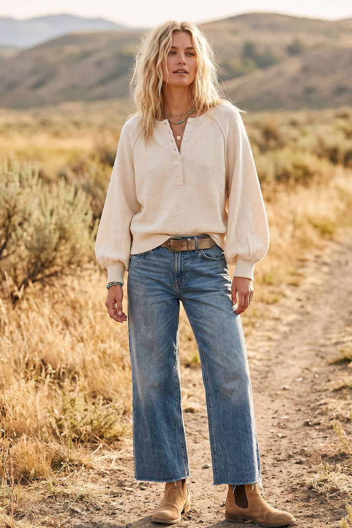 Henley Balloon Sleeve Sweater Top