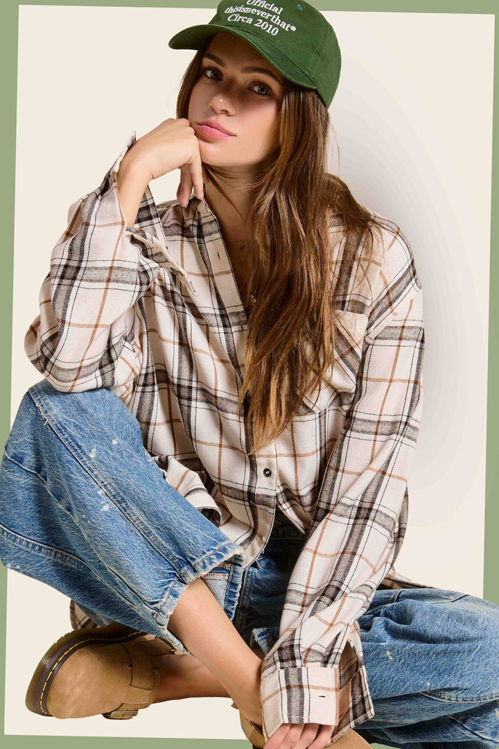 SRT1312-Soft Fabric Plaid Loose Fit Button Down Shirt-2 Color Options