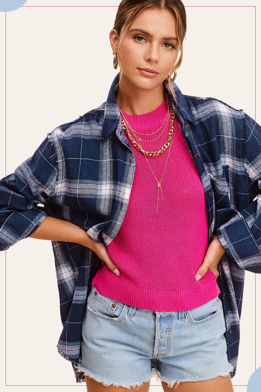 Cut Edge Detailed Plaid Loose Fit Button Down Shirt-Navy